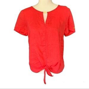 ELLEN Tracy coral pink linen tie knot summer spring top blouse